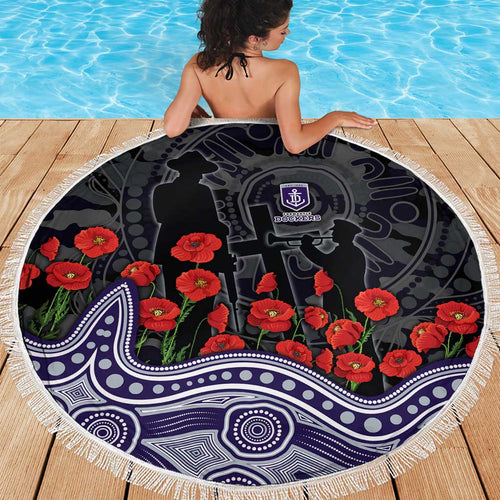 Fremantle Dockers ANZAC Day Beach Blanket Indigenous Dot Art with Poppy Flower Tribute