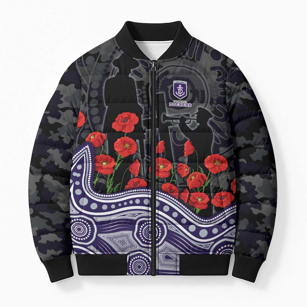 Fremantle Dockers ANZAC Day Bomber Puffer Jacket Indigenous Dot Art with Poppy Flower Tribute