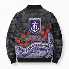 Fremantle Dockers ANZAC Day Bomber Puffer Jacket Indigenous Dot Art with Poppy Flower Tribute