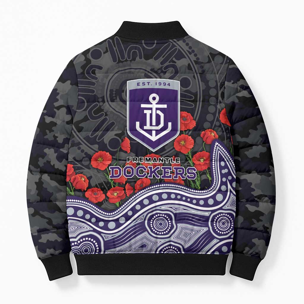 Fremantle Dockers ANZAC Day Bomber Puffer Jacket Indigenous Dot Art with Poppy Flower Tribute