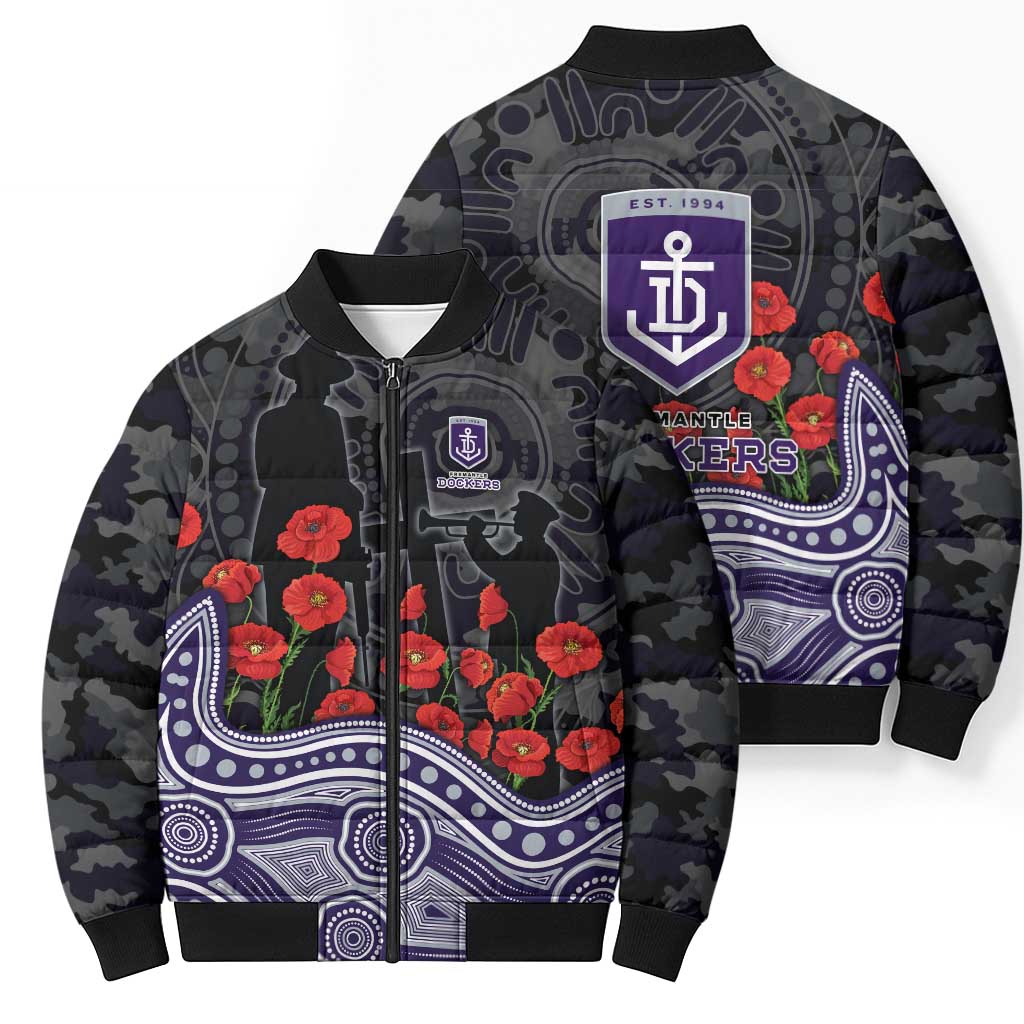 Fremantle Dockers ANZAC Day Bomber Puffer Jacket Indigenous Dot Art with Poppy Flower Tribute