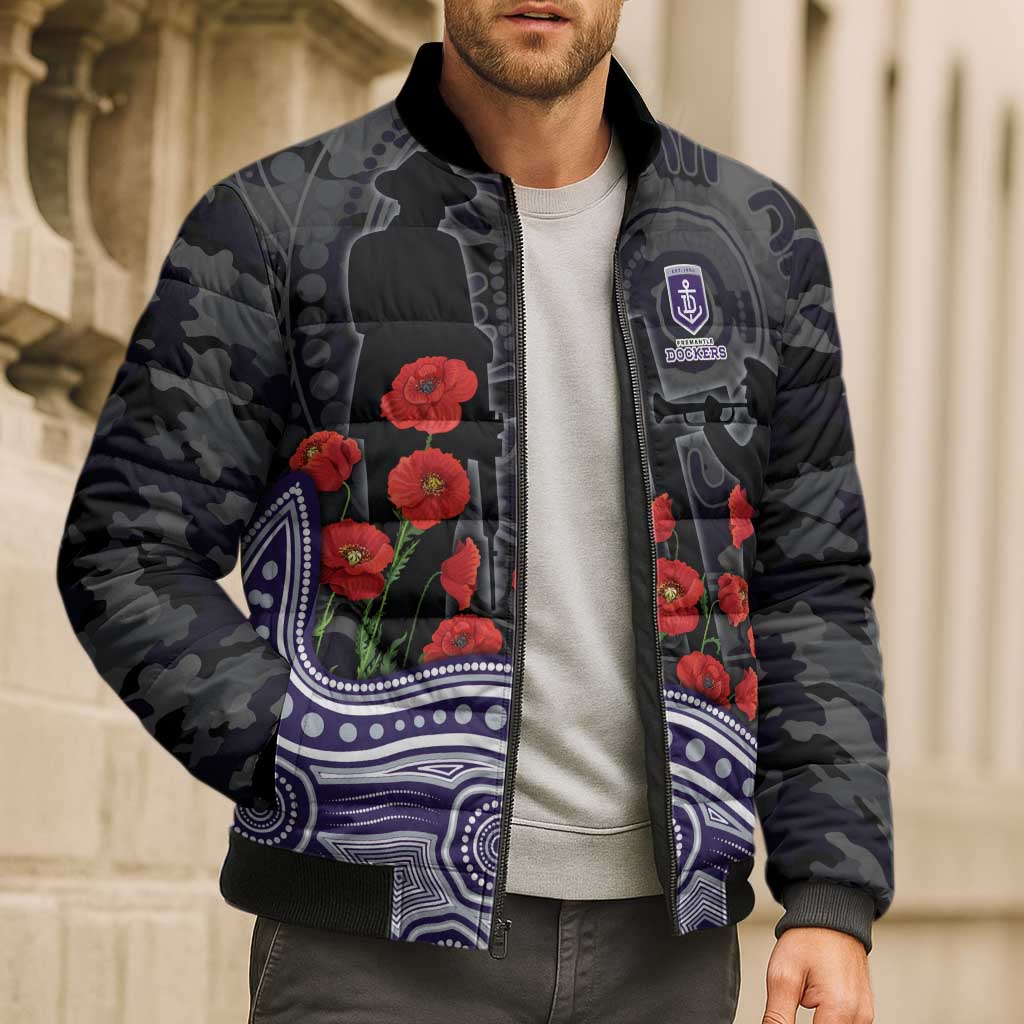 Fremantle Dockers ANZAC Day Bomber Puffer Jacket Indigenous Dot Art with Poppy Flower Tribute