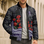 Fremantle Dockers ANZAC Day Bomber Puffer Jacket Indigenous Dot Art with Poppy Flower Tribute