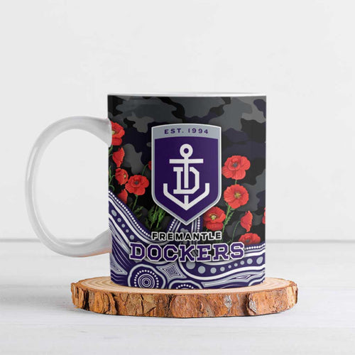 Fremantle Dockers ANZAC Day Ceramic Mug Indigenous Dot Art with Poppy Flower Tribute