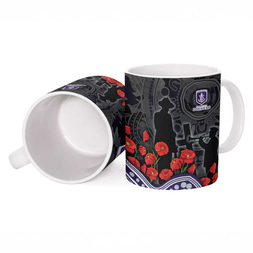 Fremantle Dockers ANZAC Day Ceramic Mug Indigenous Dot Art with Poppy Flower Tribute