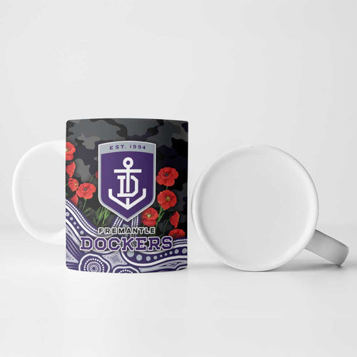 Fremantle Dockers ANZAC Day Ceramic Mug Indigenous Dot Art with Poppy Flower Tribute