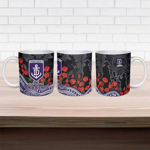 Fremantle Dockers ANZAC Day Ceramic Mug Indigenous Dot Art with Poppy Flower Tribute