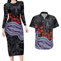 Fremantle Dockers ANZAC Day Couples Matching Long Sleeve Bodycon Dress and Hawaiian Shirt Indigenous Dot Art with Poppy Flower Tribute