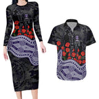 Fremantle Dockers ANZAC Day Couples Matching Long Sleeve Bodycon Dress and Hawaiian Shirt Indigenous Dot Art with Poppy Flower Tribute