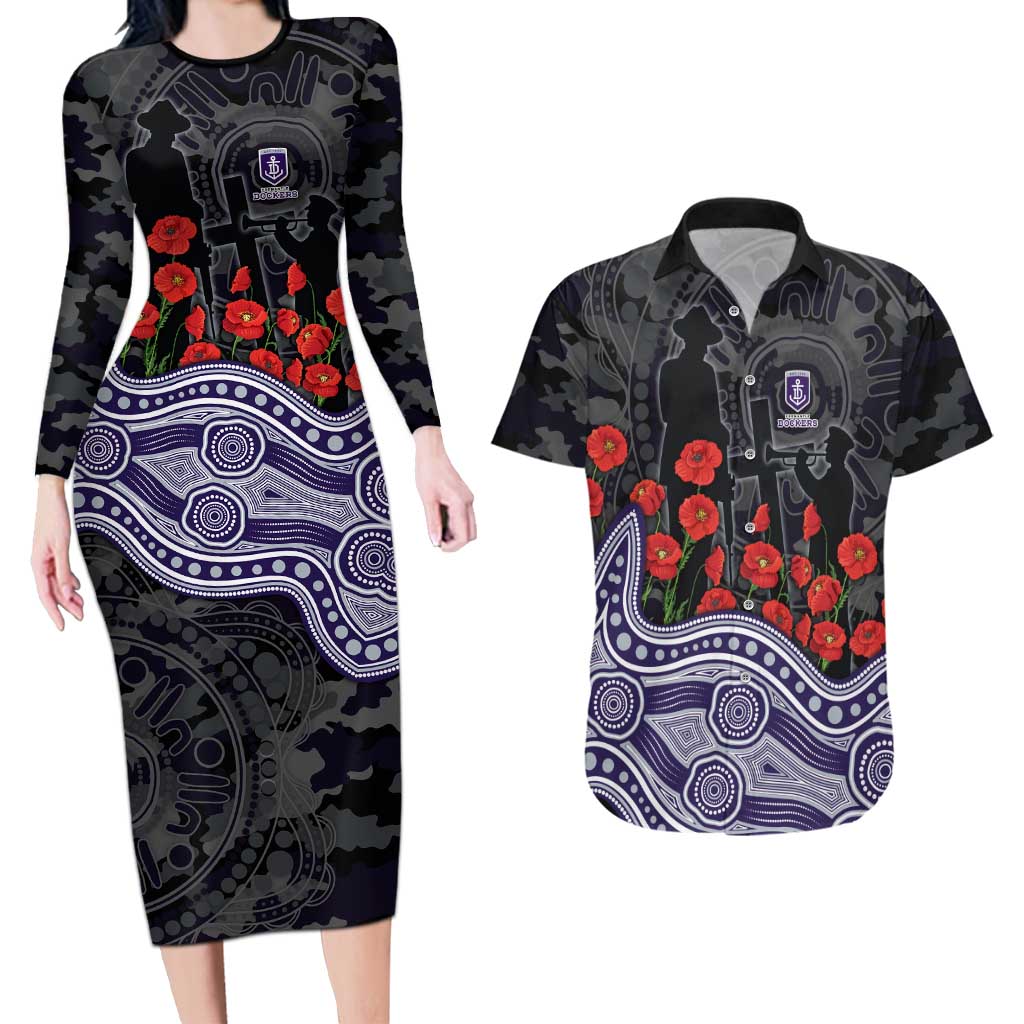 Fremantle Dockers ANZAC Day Couples Matching Long Sleeve Bodycon Dress and Hawaiian Shirt Indigenous Dot Art with Poppy Flower Tribute
