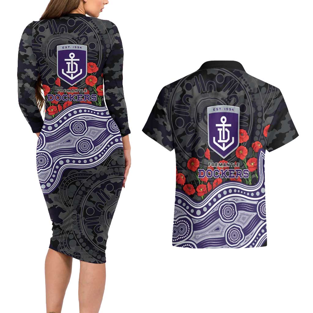 Fremantle Dockers ANZAC Day Couples Matching Long Sleeve Bodycon Dress and Hawaiian Shirt Indigenous Dot Art with Poppy Flower Tribute
