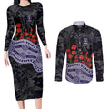 Fremantle Dockers ANZAC Day Couples Matching Long Sleeve Bodycon Dress and Long Sleeve Button Shirt Indigenous Dot Art with Poppy Flower Tribute