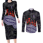 Fremantle Dockers ANZAC Day Couples Matching Long Sleeve Bodycon Dress and Long Sleeve Button Shirt Indigenous Dot Art with Poppy Flower Tribute