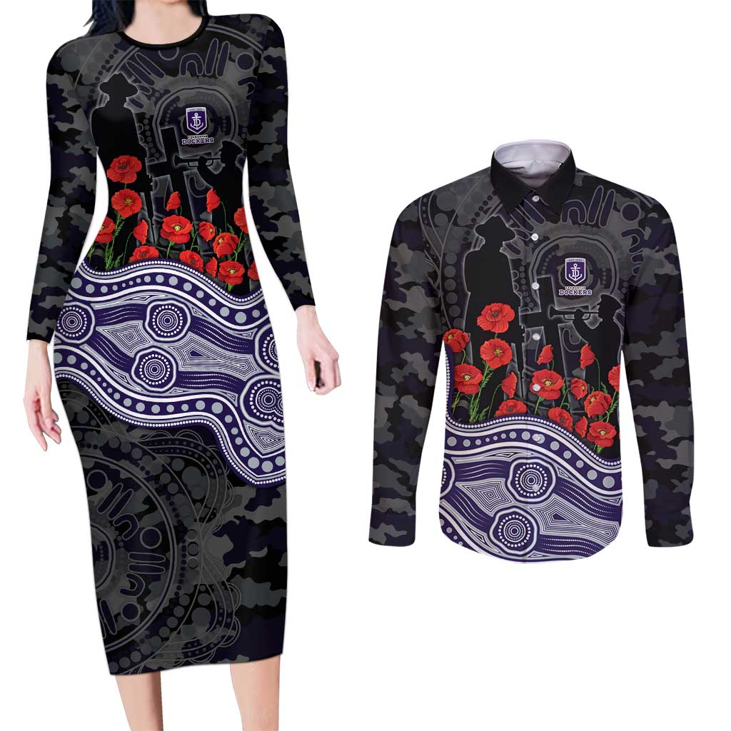 Fremantle Dockers ANZAC Day Couples Matching Long Sleeve Bodycon Dress and Long Sleeve Button Shirt Indigenous Dot Art with Poppy Flower Tribute