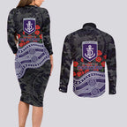Fremantle Dockers ANZAC Day Couples Matching Long Sleeve Bodycon Dress and Long Sleeve Button Shirt Indigenous Dot Art with Poppy Flower Tribute