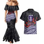 Fremantle Dockers ANZAC Day Couples Matching Mermaid Dress and Hawaiian Shirt Indigenous Dot Art with Poppy Flower Tribute