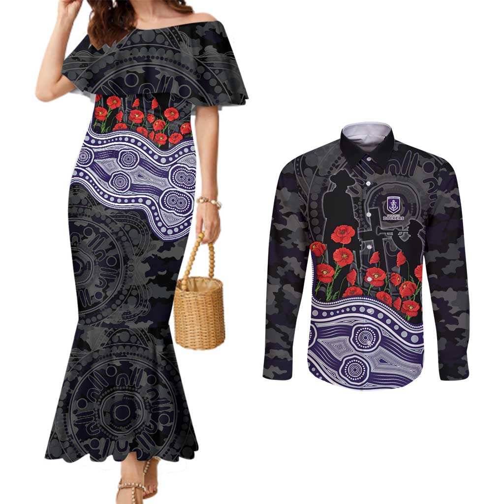 Fremantle Dockers ANZAC Day Couples Matching Mermaid Dress and Long Sleeve Button Shirt Indigenous Dot Art with Poppy Flower Tribute