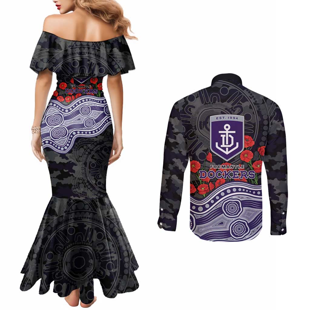Fremantle Dockers ANZAC Day Couples Matching Mermaid Dress and Long Sleeve Button Shirt Indigenous Dot Art with Poppy Flower Tribute