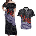 Fremantle Dockers ANZAC Day Couples Matching Off Shoulder Maxi Dress and Hawaiian Shirt Indigenous Dot Art with Poppy Flower Tribute