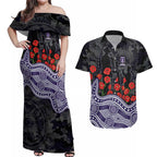 Fremantle Dockers ANZAC Day Couples Matching Off Shoulder Maxi Dress and Hawaiian Shirt Indigenous Dot Art with Poppy Flower Tribute