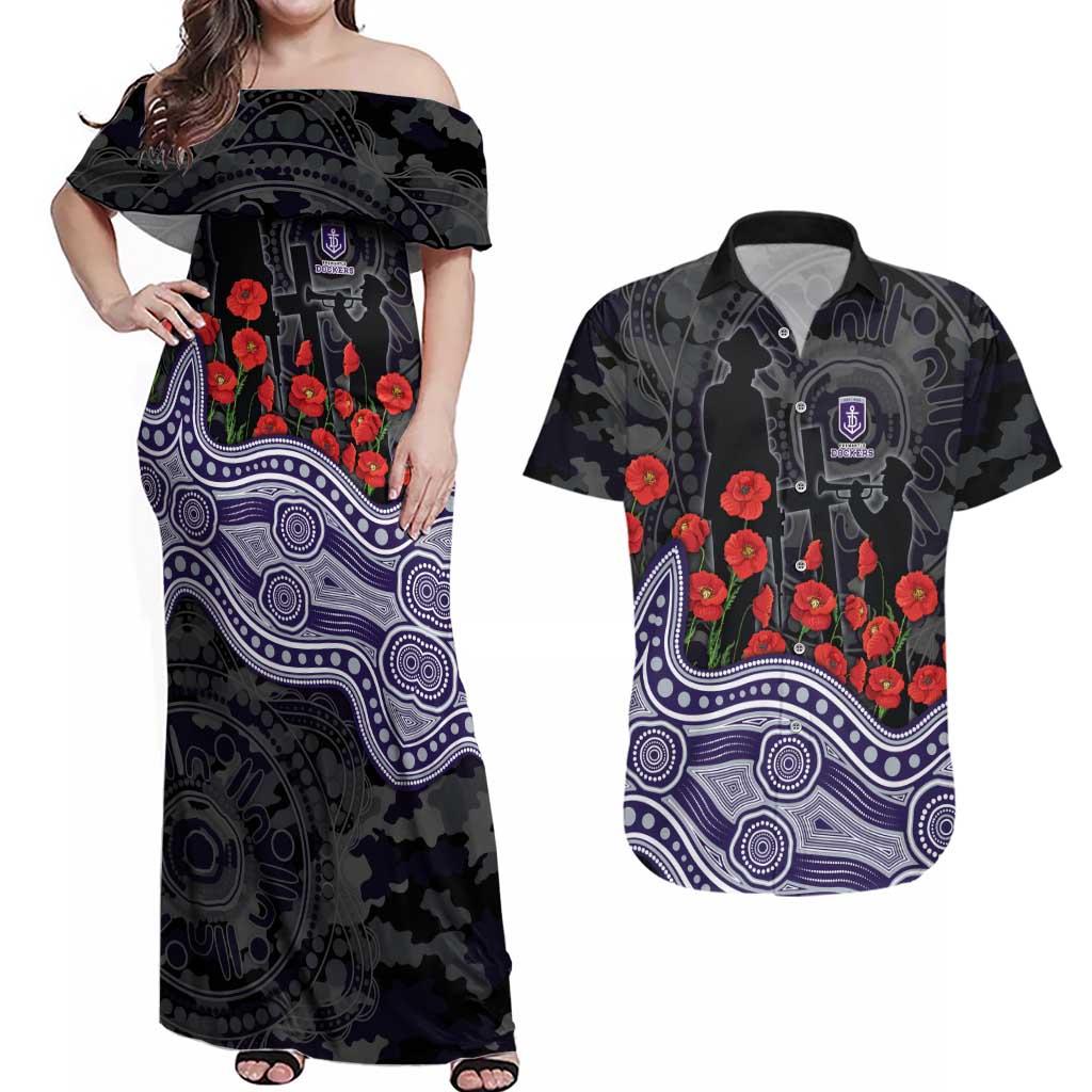Fremantle Dockers ANZAC Day Couples Matching Off Shoulder Maxi Dress and Hawaiian Shirt Indigenous Dot Art with Poppy Flower Tribute