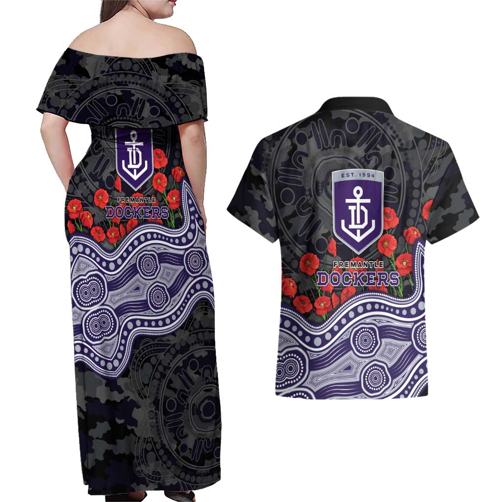 Fremantle Dockers ANZAC Day Couples Matching Off Shoulder Maxi Dress and Hawaiian Shirt Indigenous Dot Art with Poppy Flower Tribute