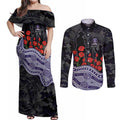 Fremantle Dockers ANZAC Day Couples Matching Off Shoulder Maxi Dress and Long Sleeve Button Shirt Indigenous Dot Art with Poppy Flower Tribute
