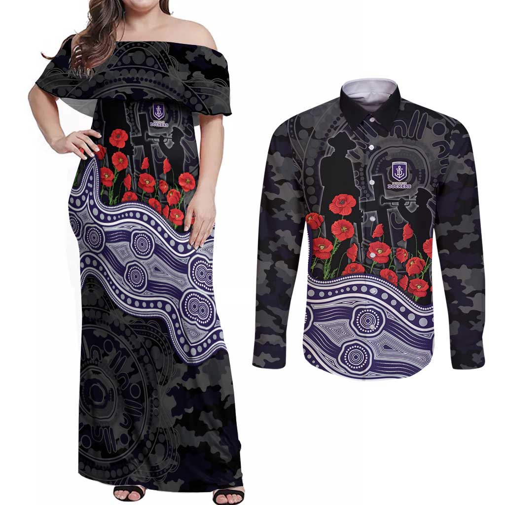 Fremantle Dockers ANZAC Day Couples Matching Off Shoulder Maxi Dress and Long Sleeve Button Shirt Indigenous Dot Art with Poppy Flower Tribute