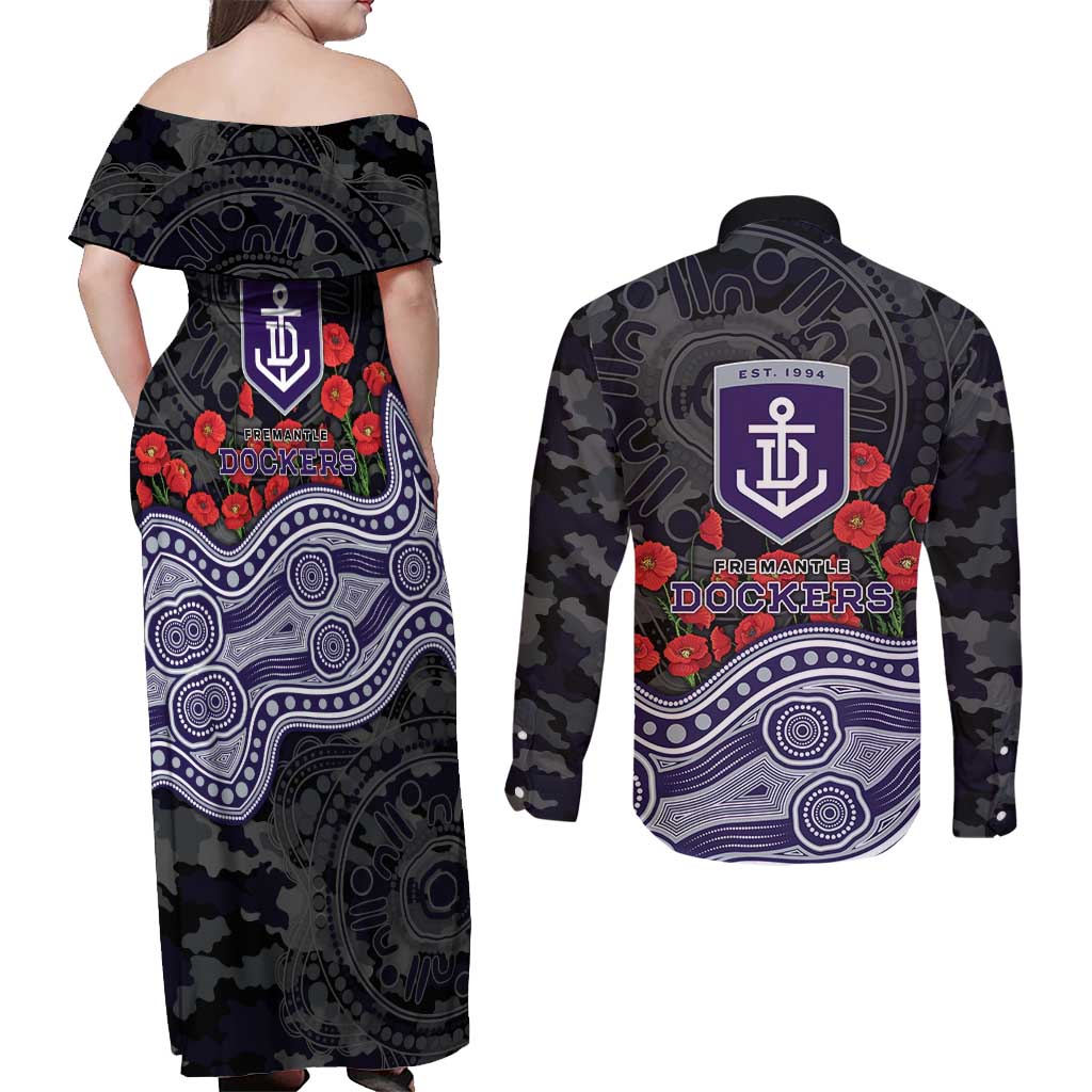 Fremantle Dockers ANZAC Day Couples Matching Off Shoulder Maxi Dress and Long Sleeve Button Shirt Indigenous Dot Art with Poppy Flower Tribute