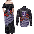 Fremantle Dockers ANZAC Day Couples Matching Off Shoulder Maxi Dress and Long Sleeve Button Shirt Indigenous Dot Art with Poppy Flower Tribute