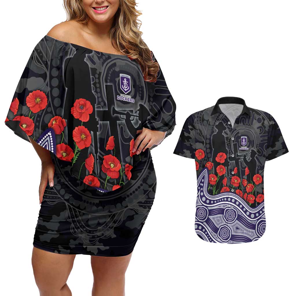 Fremantle Dockers ANZAC Day Couples Matching Off Shoulder Short Dress and Hawaiian Shirt Indigenous Dot Art with Poppy Flower Tribute