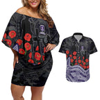 Fremantle Dockers ANZAC Day Couples Matching Off Shoulder Short Dress and Hawaiian Shirt Indigenous Dot Art with Poppy Flower Tribute
