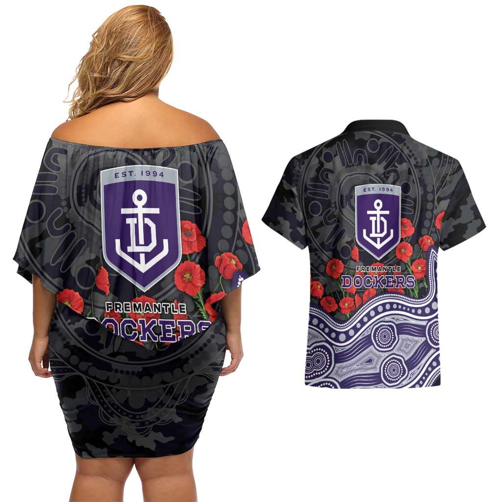 Fremantle Dockers ANZAC Day Couples Matching Off Shoulder Short Dress and Hawaiian Shirt Indigenous Dot Art with Poppy Flower Tribute