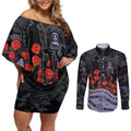 Fremantle Dockers ANZAC Day Couples Matching Off Shoulder Short Dress and Long Sleeve Button Shirt Indigenous Dot Art with Poppy Flower Tribute