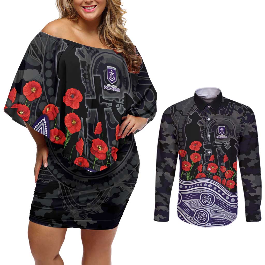 Fremantle Dockers ANZAC Day Couples Matching Off Shoulder Short Dress and Long Sleeve Button Shirt Indigenous Dot Art with Poppy Flower Tribute