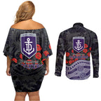 Fremantle Dockers ANZAC Day Couples Matching Off Shoulder Short Dress and Long Sleeve Button Shirt Indigenous Dot Art with Poppy Flower Tribute