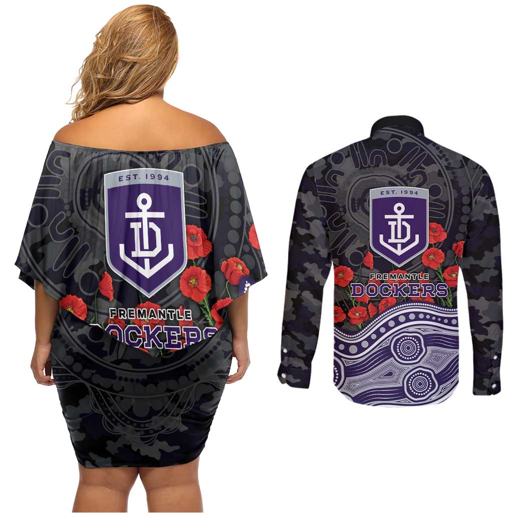 Fremantle Dockers ANZAC Day Couples Matching Off Shoulder Short Dress and Long Sleeve Button Shirt Indigenous Dot Art with Poppy Flower Tribute