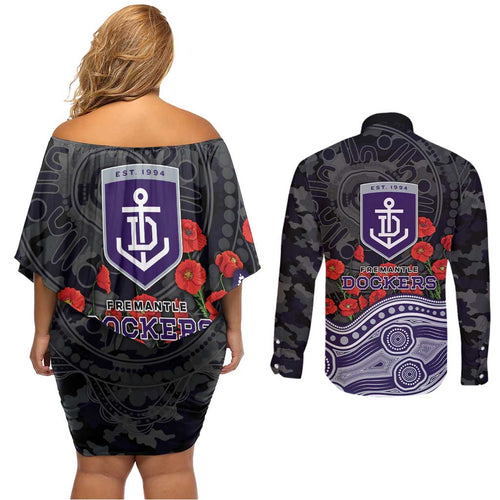 Fremantle Dockers ANZAC Day Couples Matching Off Shoulder Short Dress and Long Sleeve Button Shirt Indigenous Dot Art with Poppy Flower Tribute
