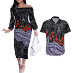 Fremantle Dockers ANZAC Day Couples Matching Off The Shoulder Long Sleeve Dress and Hawaiian Shirt Indigenous Dot Art with Poppy Flower Tribute