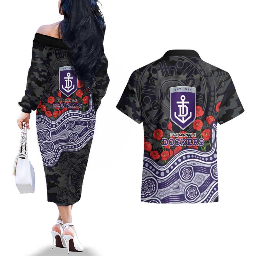 Fremantle Dockers ANZAC Day Couples Matching Off The Shoulder Long Sleeve Dress and Hawaiian Shirt Indigenous Dot Art with Poppy Flower Tribute