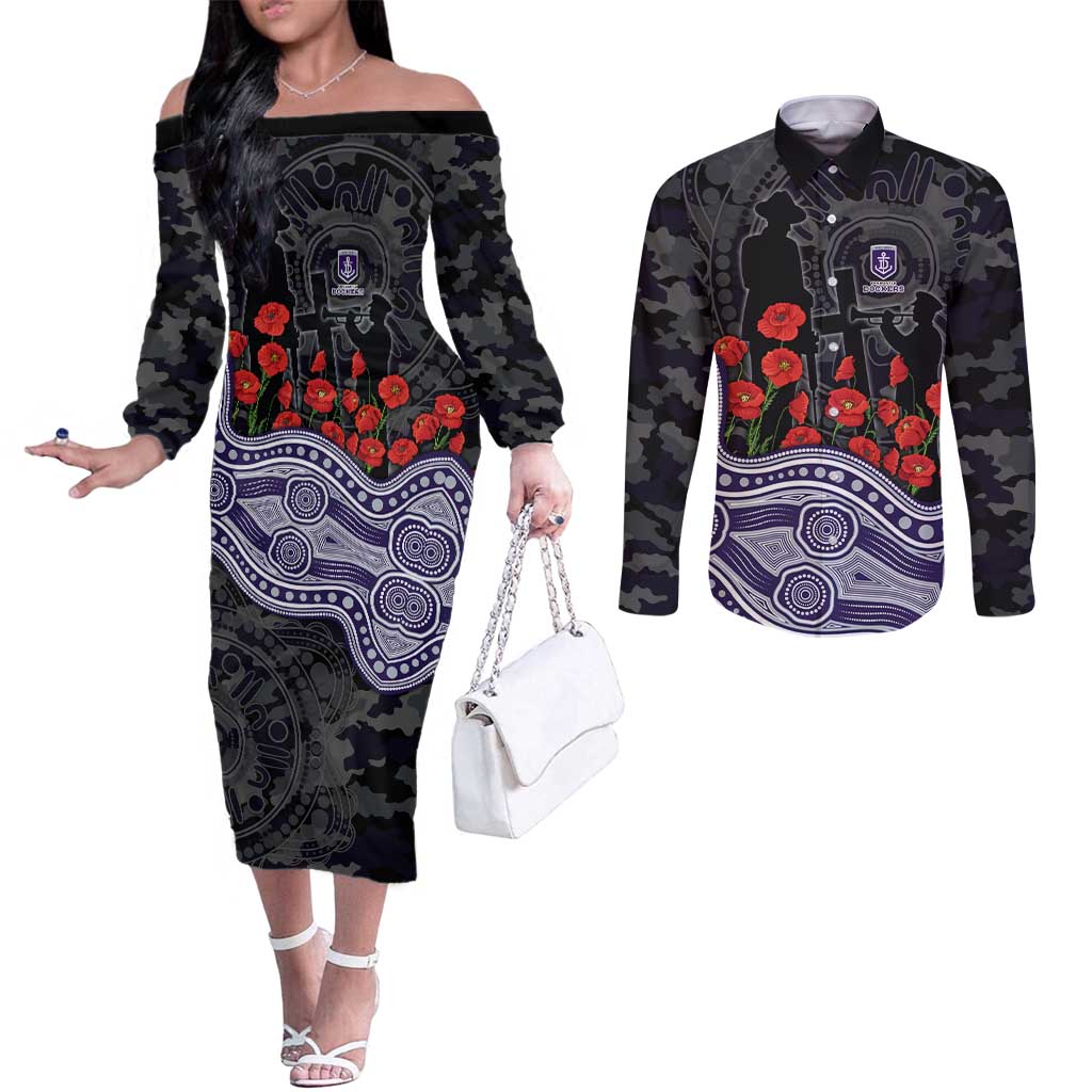 Fremantle Dockers ANZAC Day Couples Matching Off The Shoulder Long Sleeve Dress and Long Sleeve Button Shirt Indigenous Dot Art with Poppy Flower Tribute
