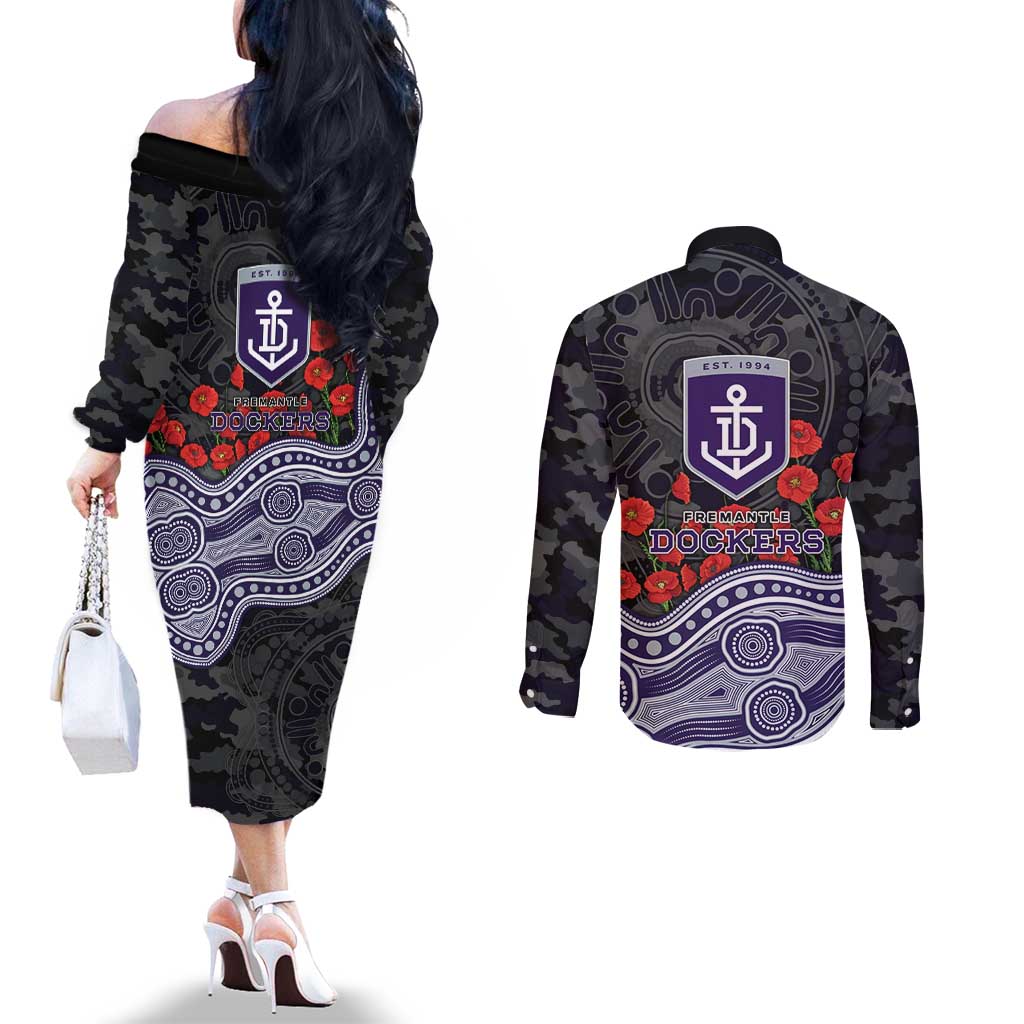 Fremantle Dockers ANZAC Day Couples Matching Off The Shoulder Long Sleeve Dress and Long Sleeve Button Shirt Indigenous Dot Art with Poppy Flower Tribute