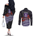 Fremantle Dockers ANZAC Day Couples Matching Off The Shoulder Long Sleeve Dress and Long Sleeve Button Shirt Indigenous Dot Art with Poppy Flower Tribute