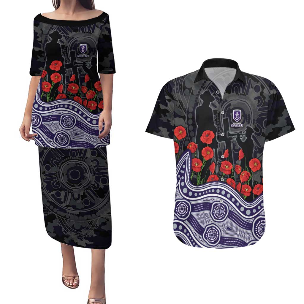 Fremantle Dockers ANZAC Day Couples Matching Puletasi and Hawaiian Shirt Indigenous Dot Art with Poppy Flower Tribute