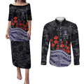 Fremantle Dockers ANZAC Day Couples Matching Puletasi and Long Sleeve Button Shirt Indigenous Dot Art with Poppy Flower Tribute