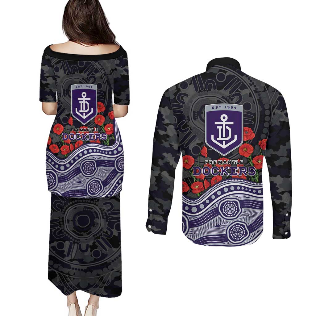 Fremantle Dockers ANZAC Day Couples Matching Puletasi and Long Sleeve Button Shirt Indigenous Dot Art with Poppy Flower Tribute