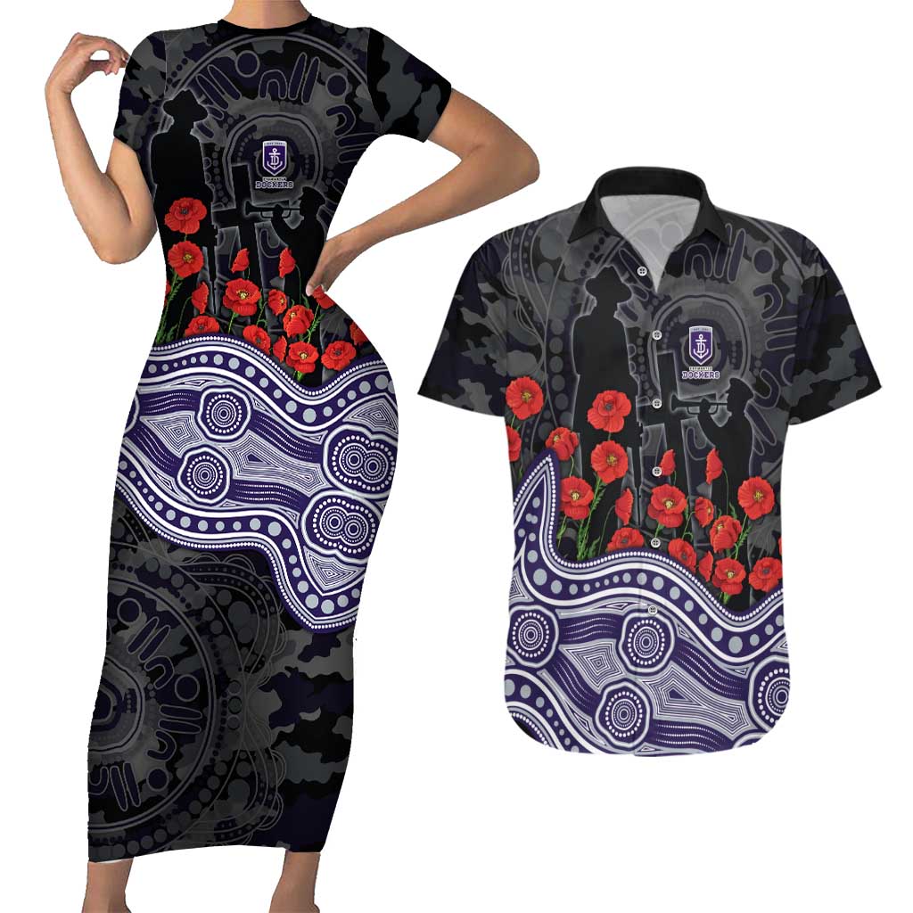 Fremantle Dockers ANZAC Day Couples Matching Short Sleeve Bodycon Dress and Hawaiian Shirt Indigenous Dot Art with Poppy Flower Tribute