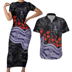 Fremantle Dockers ANZAC Day Couples Matching Short Sleeve Bodycon Dress and Hawaiian Shirt Indigenous Dot Art with Poppy Flower Tribute