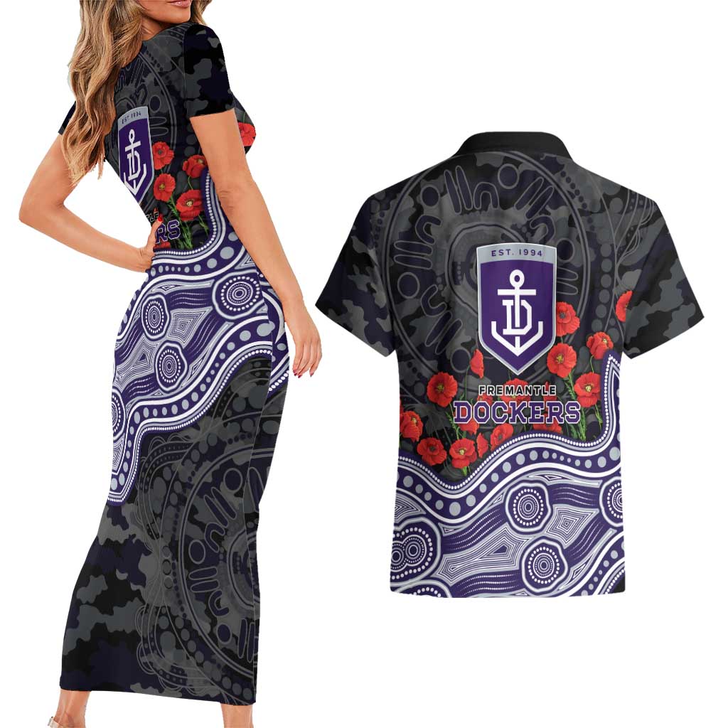 Fremantle Dockers ANZAC Day Couples Matching Short Sleeve Bodycon Dress and Hawaiian Shirt Indigenous Dot Art with Poppy Flower Tribute