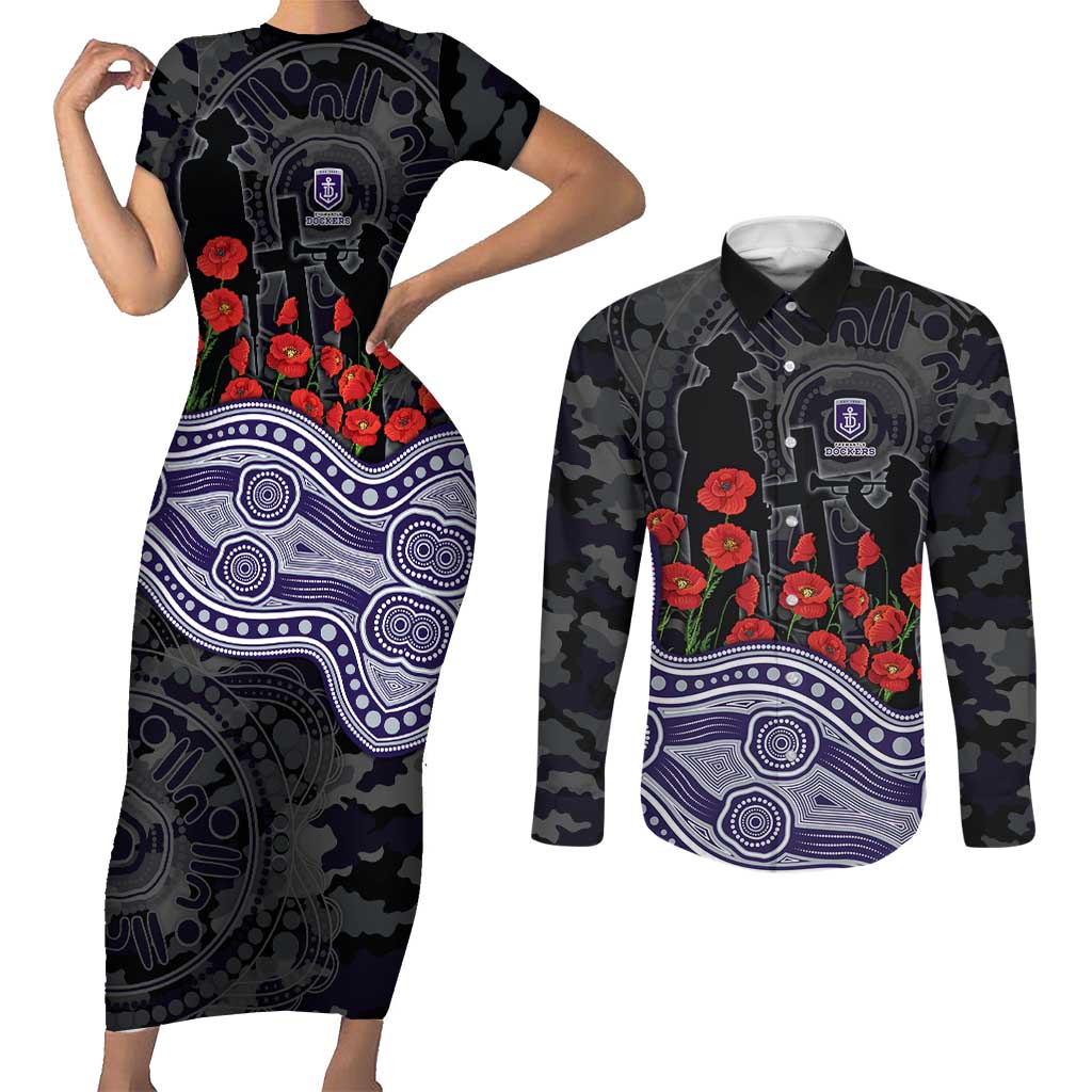 Fremantle Dockers ANZAC Day Couples Matching Short Sleeve Bodycon Dress and Long Sleeve Button Shirt Indigenous Dot Art with Poppy Flower Tribute
